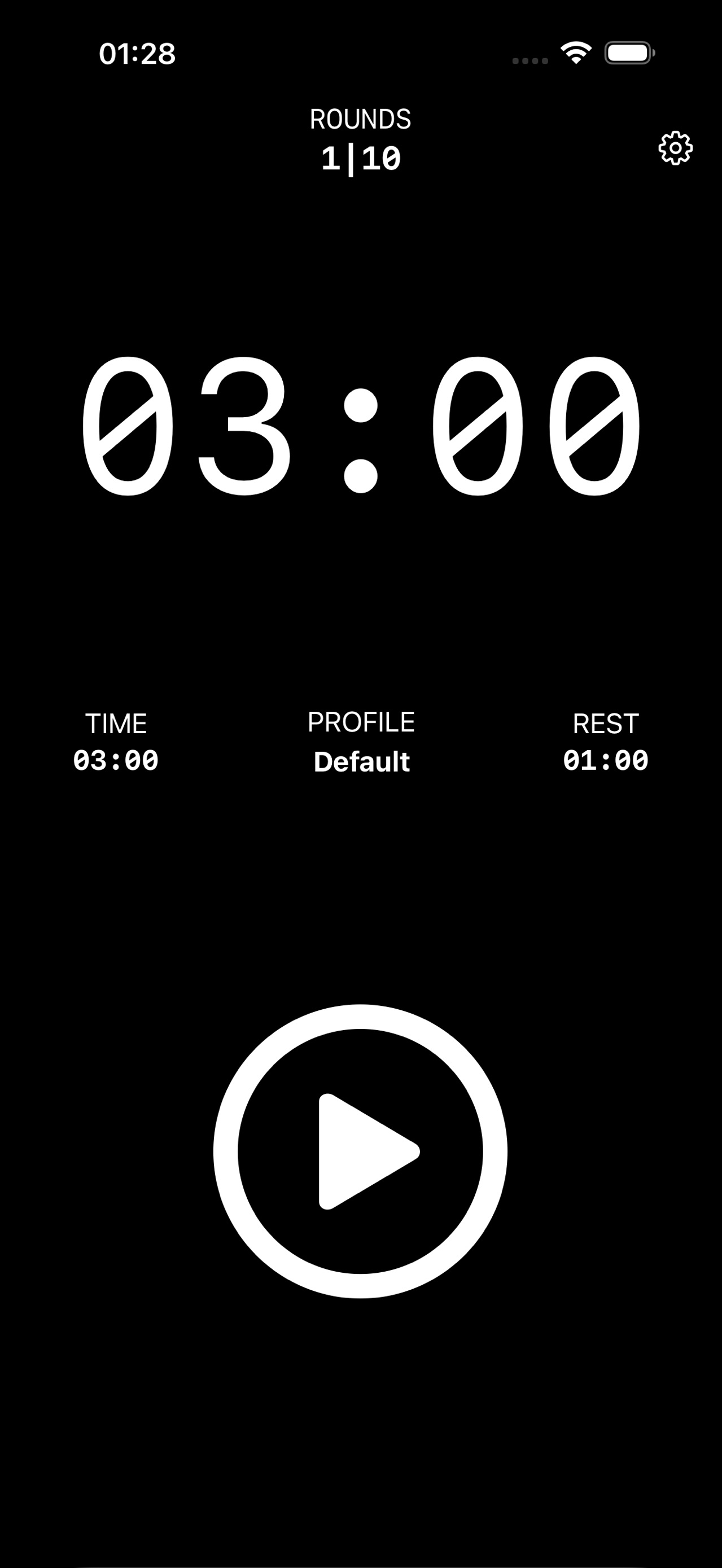 BIT timer screen in dark mode showing a 3:00 round and a play button