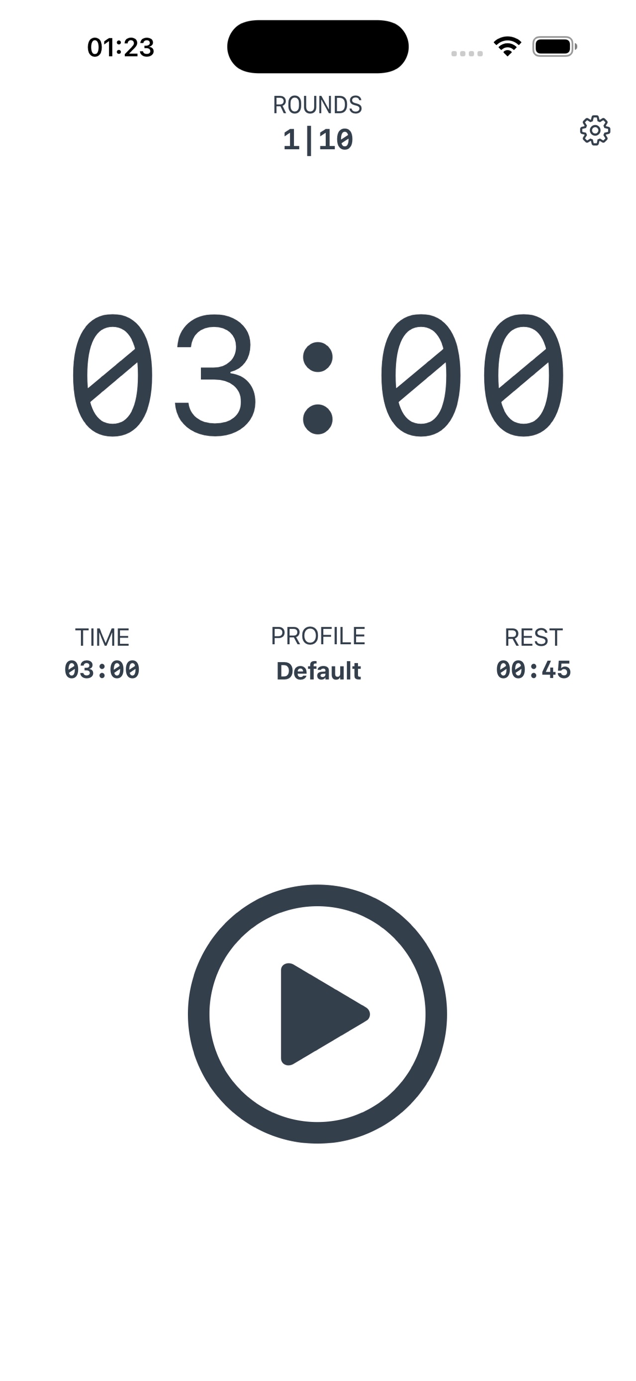 BIT timer screen in light mode showing a 3:00 round and a play button