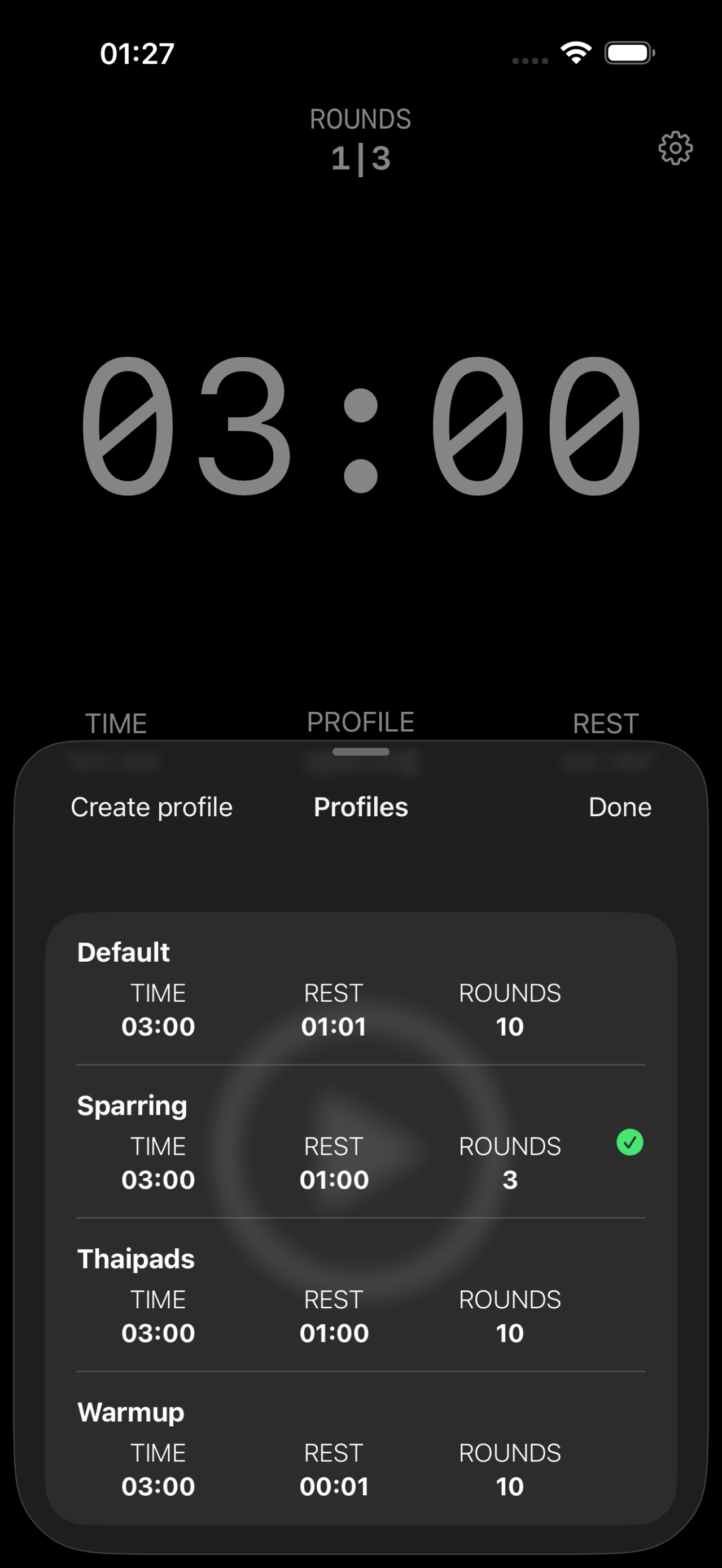 Profile overview in BIT with the training profiles Default, Sparring, Thaipads, and Warmup