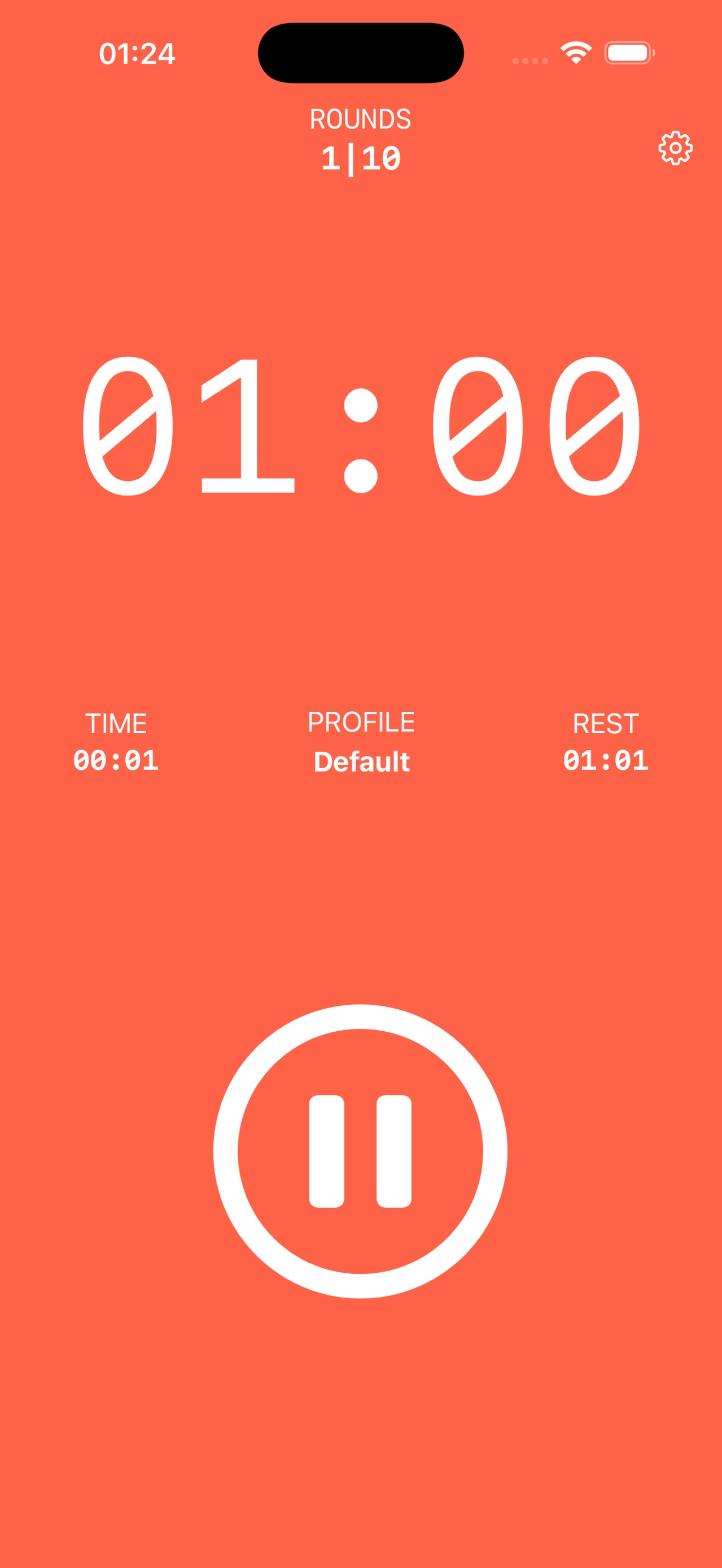 Rest-period display in BIT with an orange color theme and a pause button