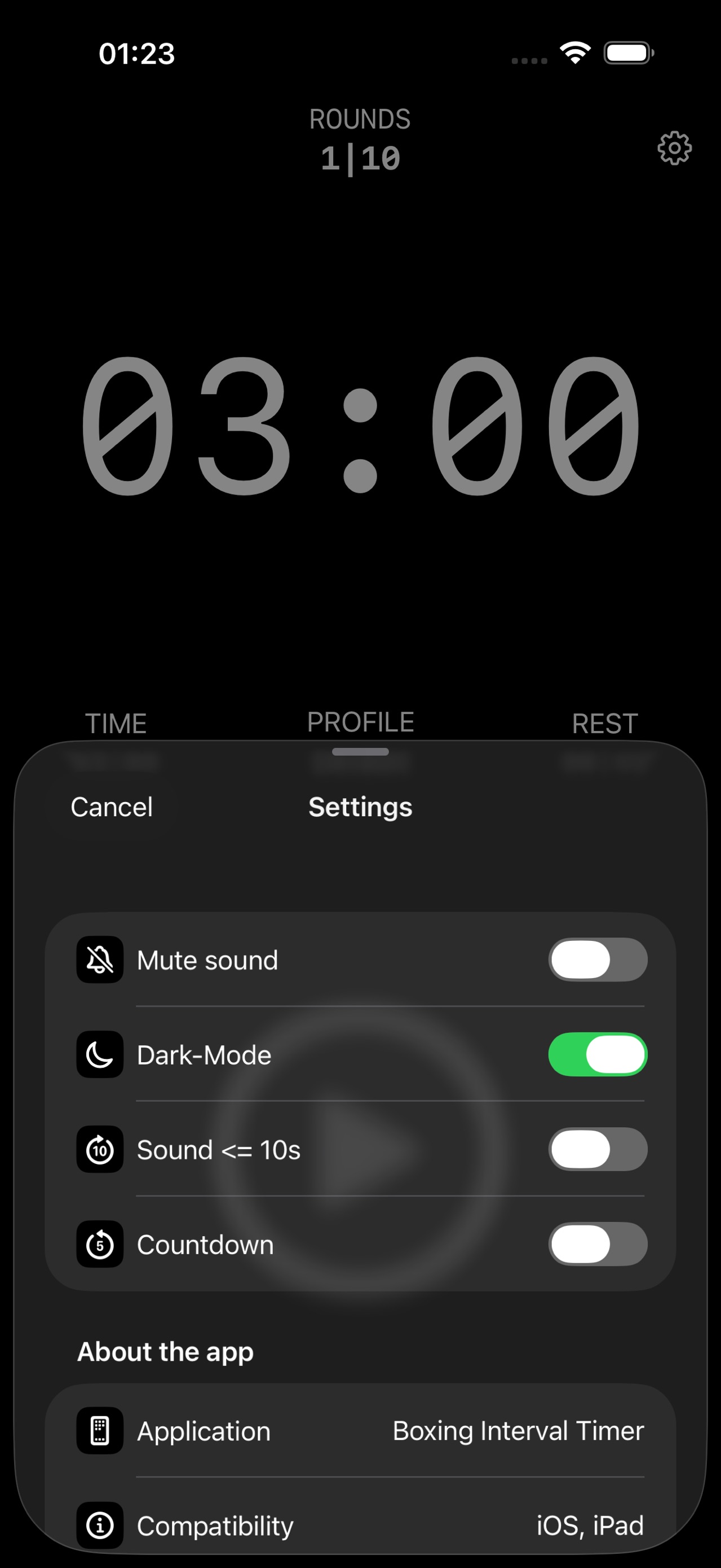 Settings in BIT: mute sound, dark mode, sound options, and countdown